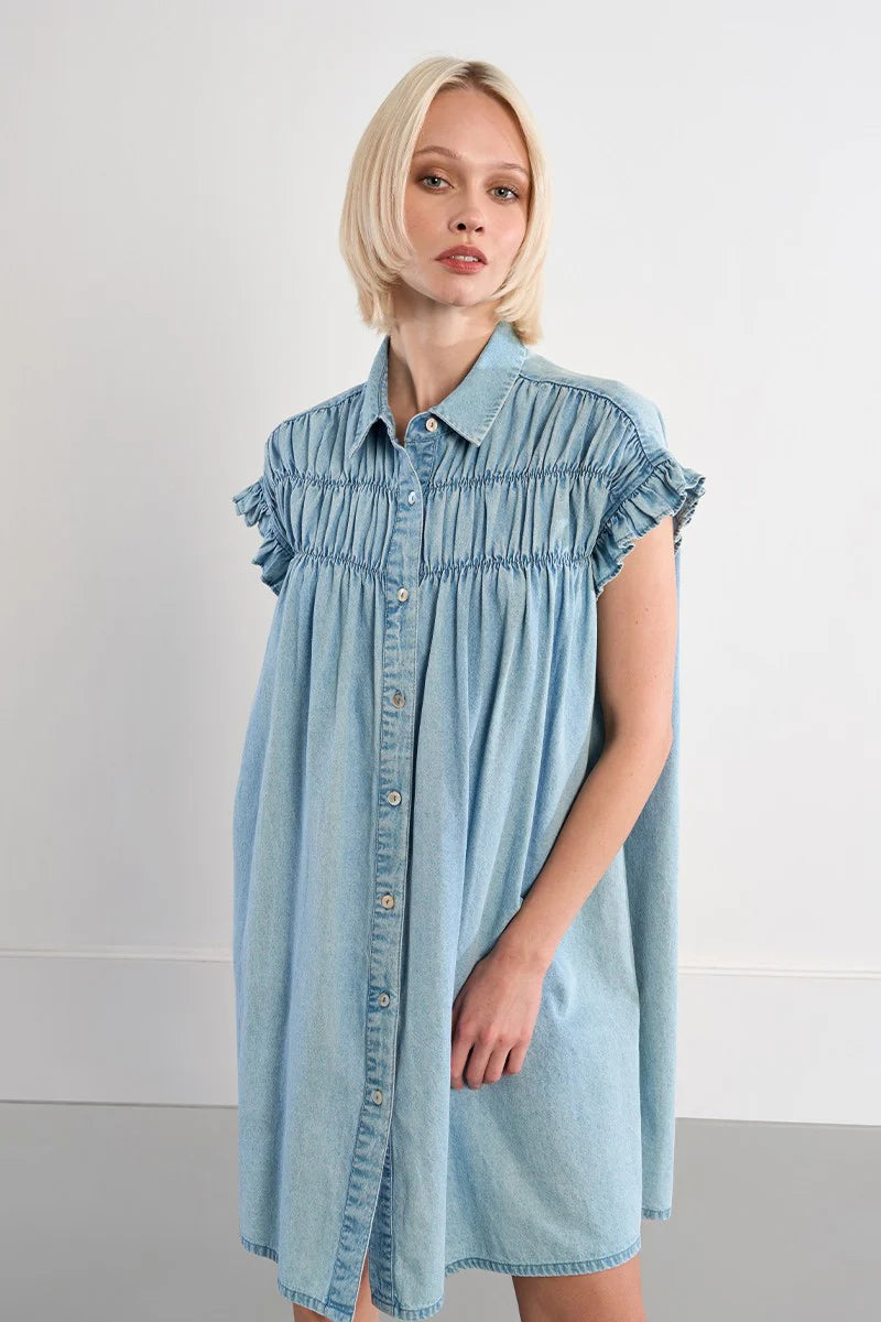 Cotton Smocked Dress With A Denim Effect ZPL115EE