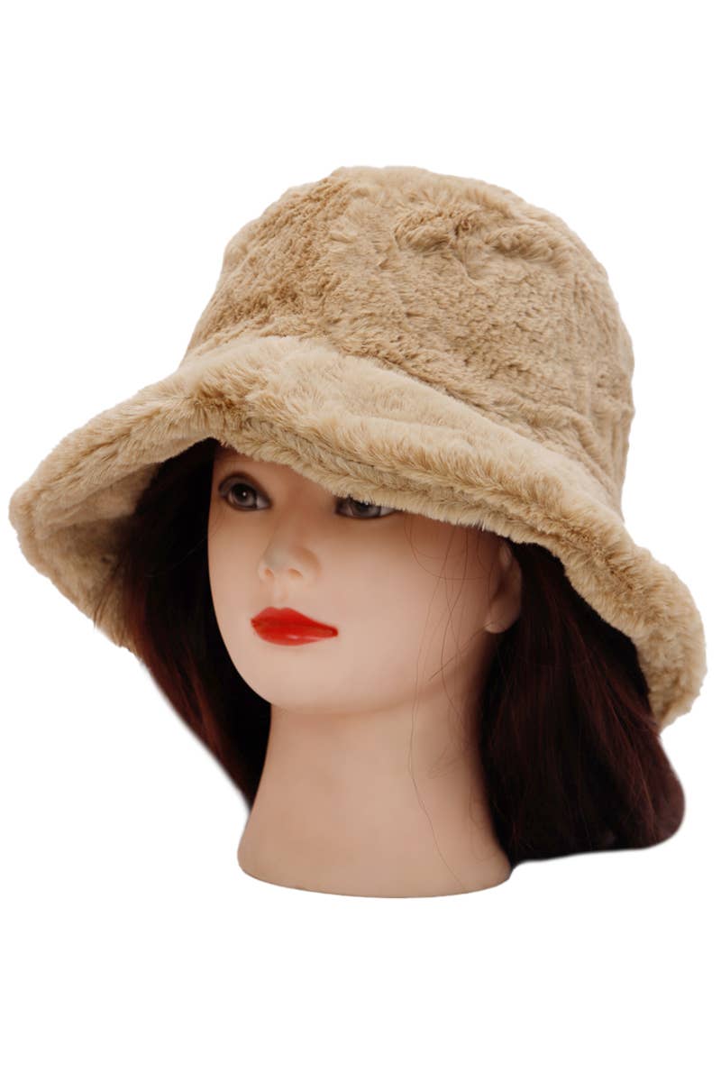 Solid Faux Fur Bucket Hat - Diamond Quilted Fabric
