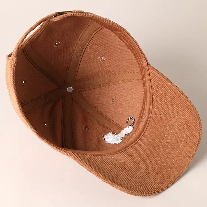 Tuxedo Cat Embroidery Corduroy Baseball Cap