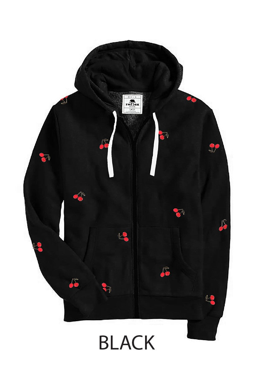 Fleece Zip Up Jacket With Cherry Embroidery