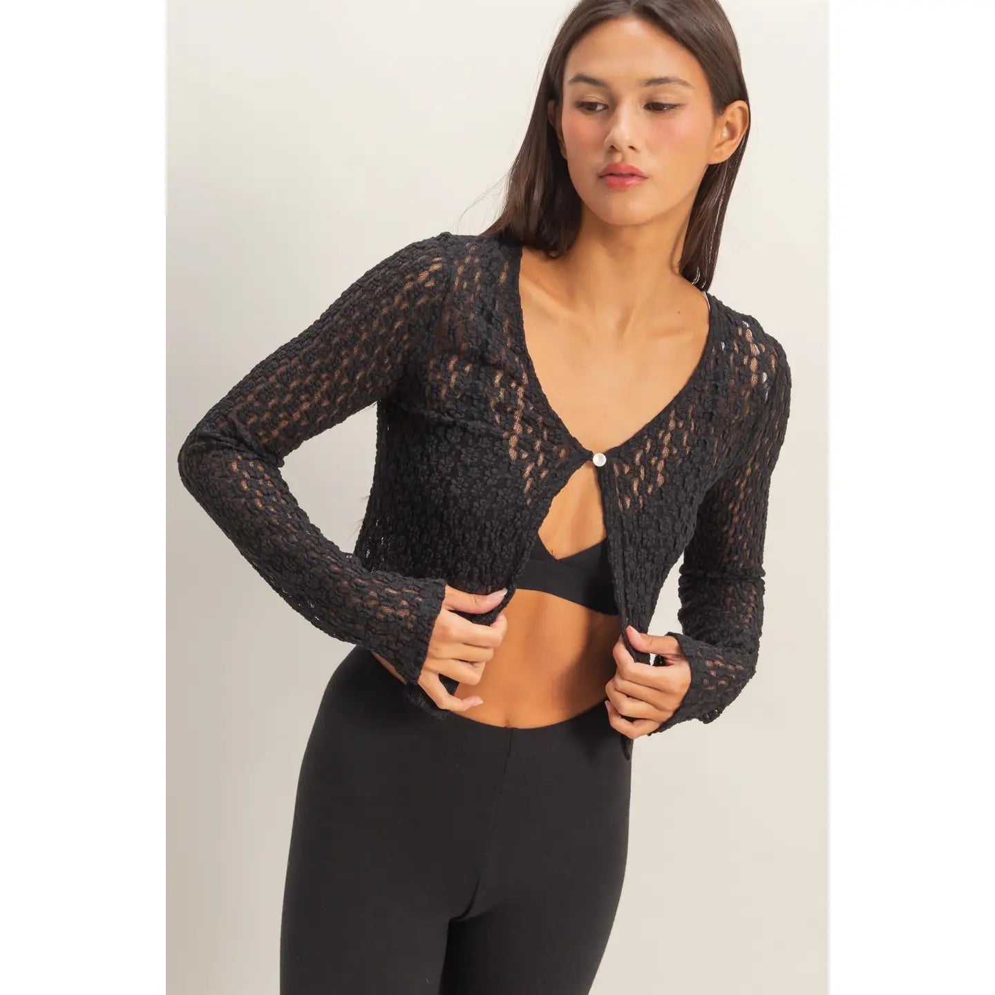 Pearl Button Sheer Lace Cardigan Top
