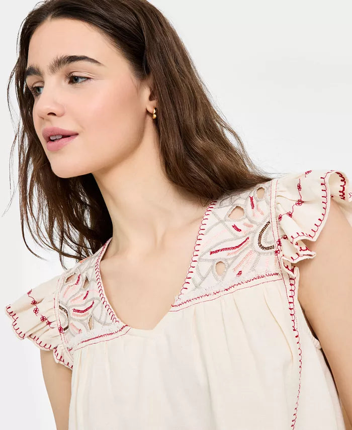 Flutter-Sleeve V-Neck Embroidered Blouse