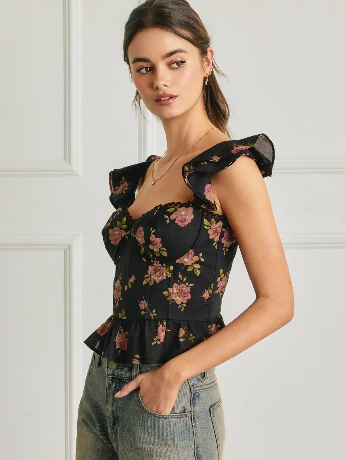 Floral Lace Corset Flutter Top (FT12621)