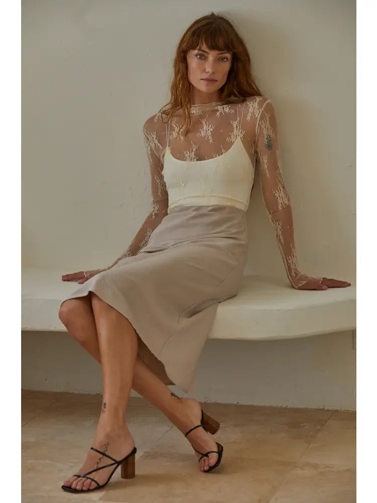 Knit Jacquard Lace Long Sleeve Mock Neck Top