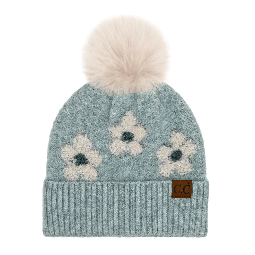 Daisy Patterned Cuff Beanie with Pom Pom