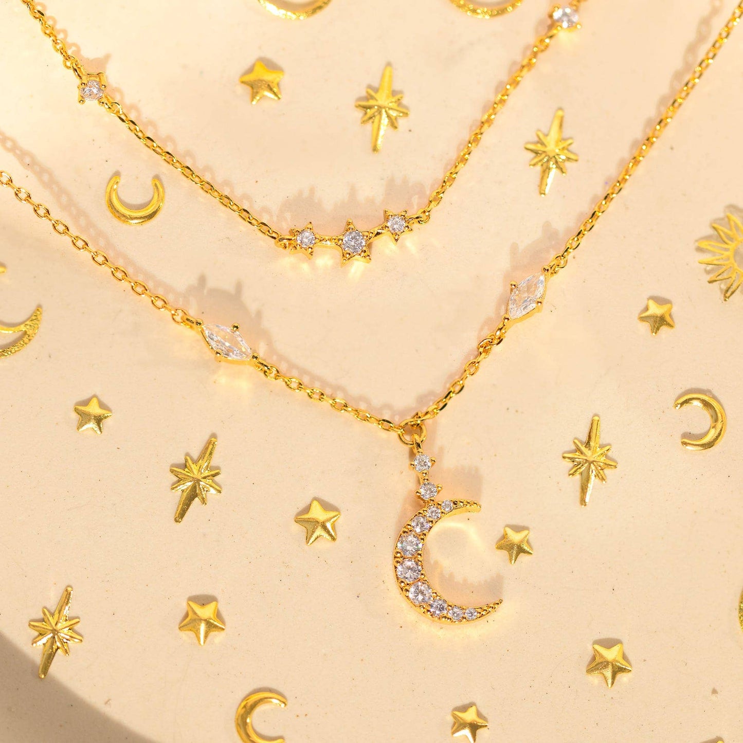 Moon & Stars Layered Necklace: Gold