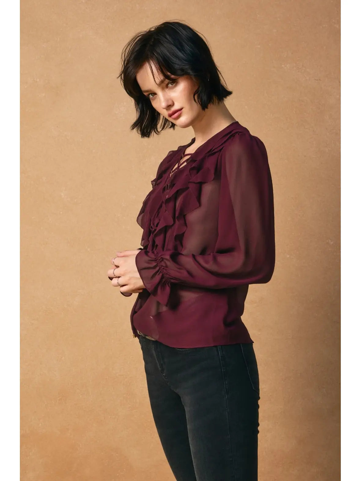 Chiffon Lace Up Ruffled Blouse (FT13129-CP531)