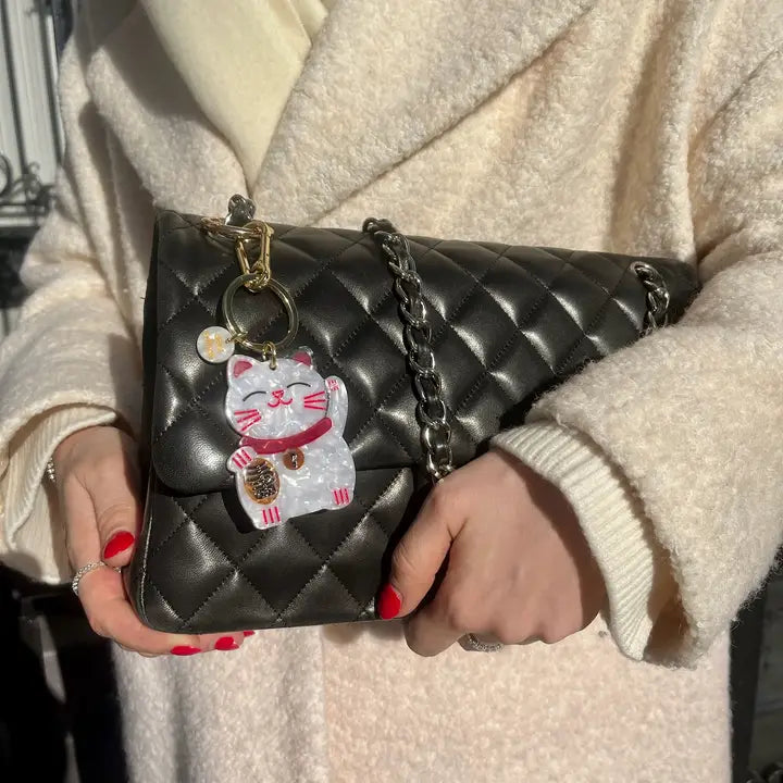 Hand-Painted Lucky Cat Bag Charm & Keychain | Eco-Friendly