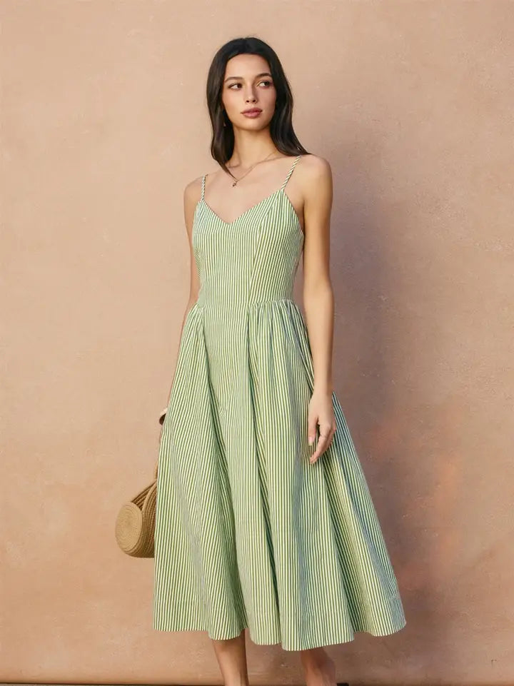 Stripe Gathered Hip Midi Dress