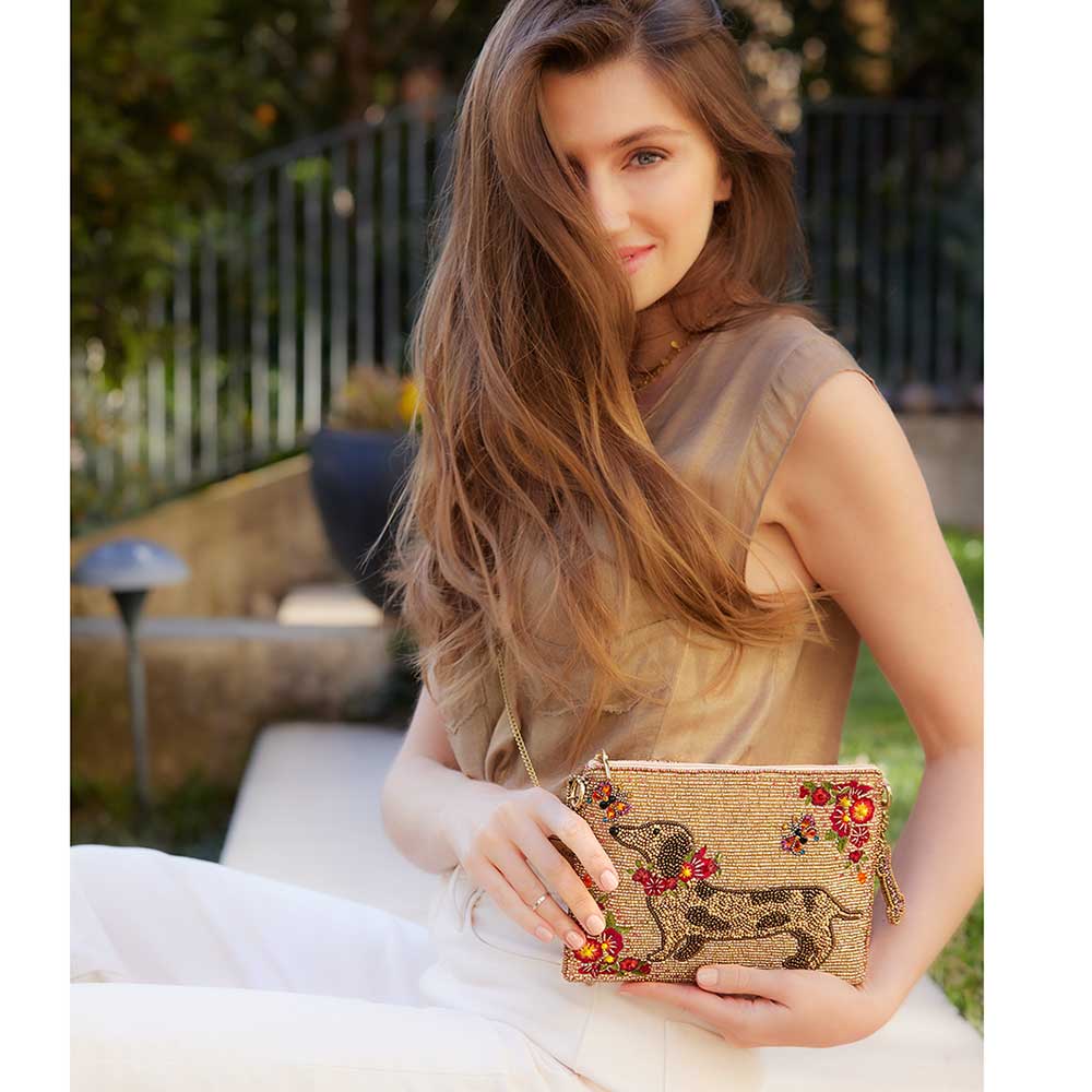 Doxie Beaded Dog and Floral Crossbody Mini Handbag