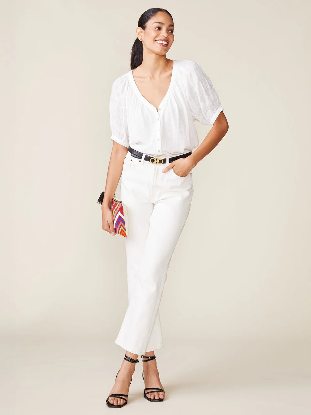 Textured Sleeve V-neck Linen Like Blouse