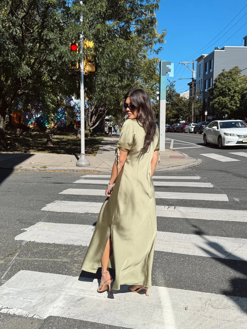 Dull Satin Lace Trim Plunging Midi Dress