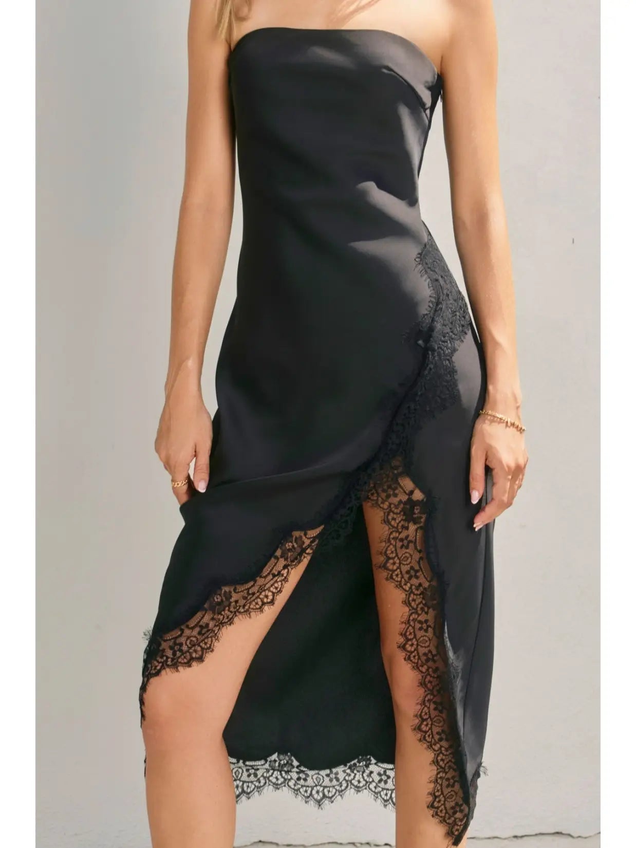 Dull Satin Strapless Lace Hem Midi Dress