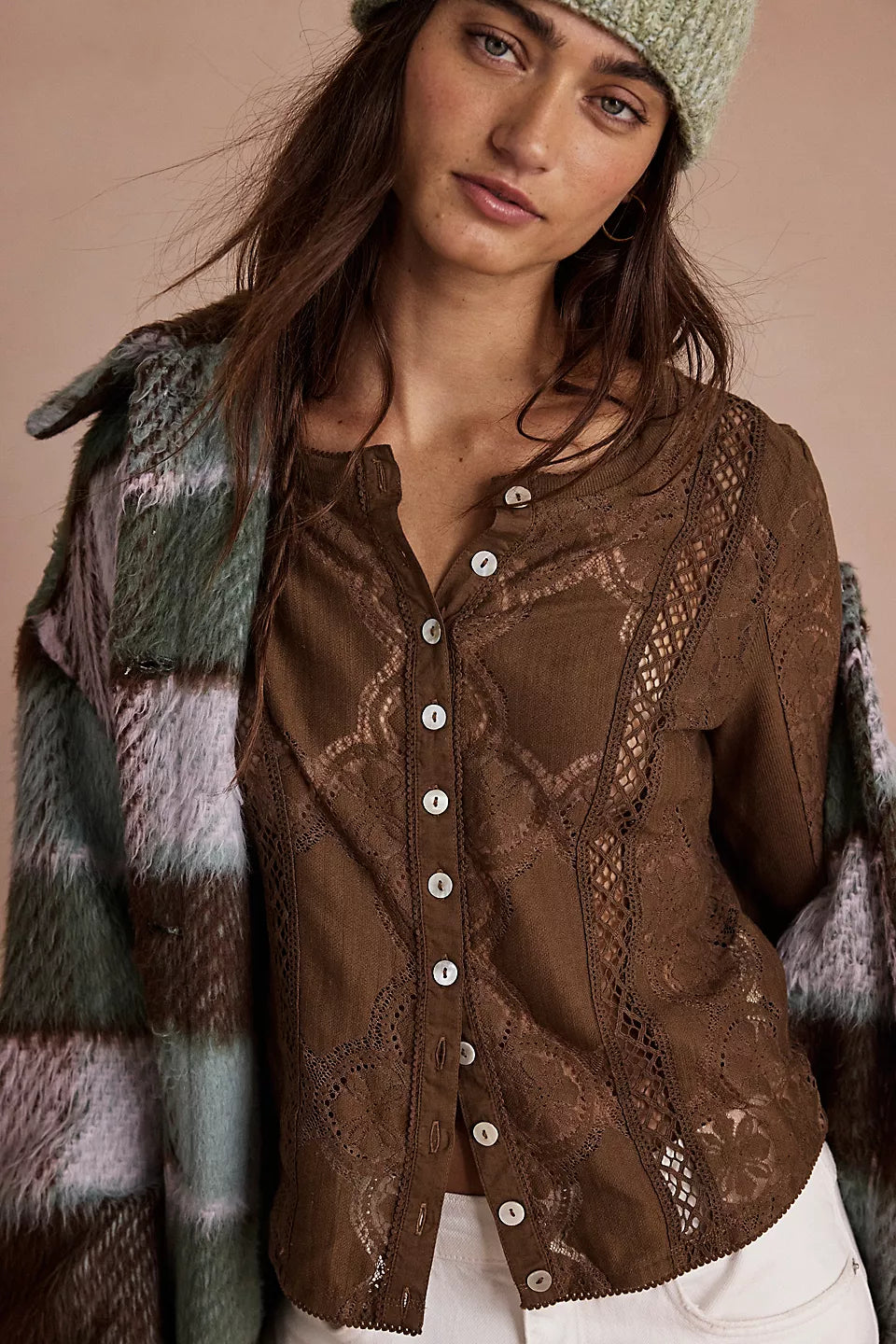 Jae Sheer Lace Knit Long Sleeve Top