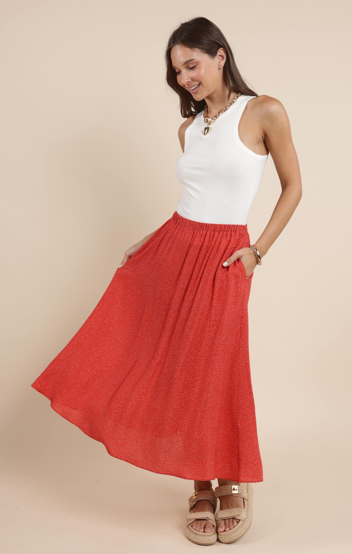 Nina Elastic Waist Flowy Midi Skirt