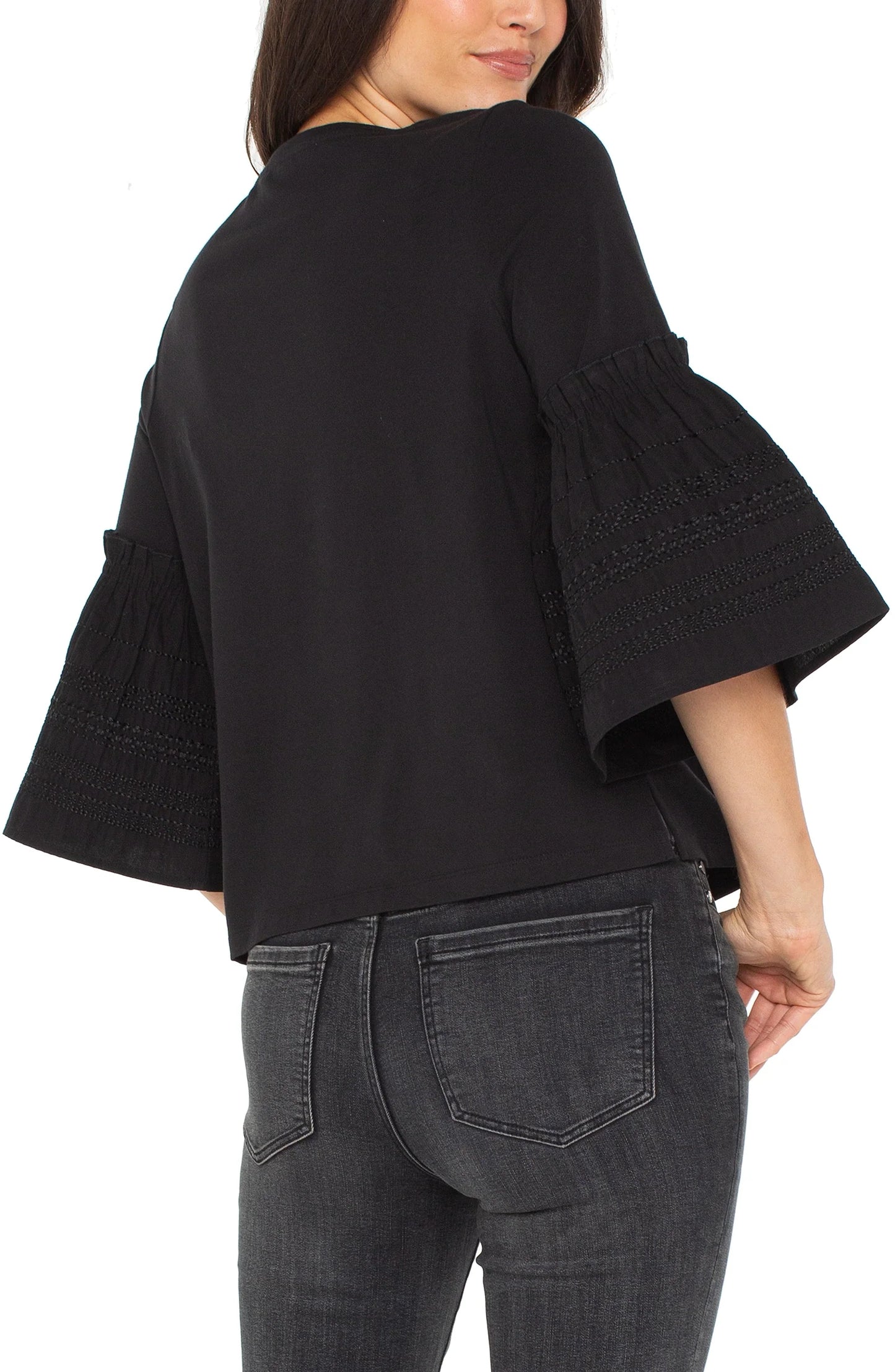 3/4 Sleeve Embroidered Knit To Woven Top
