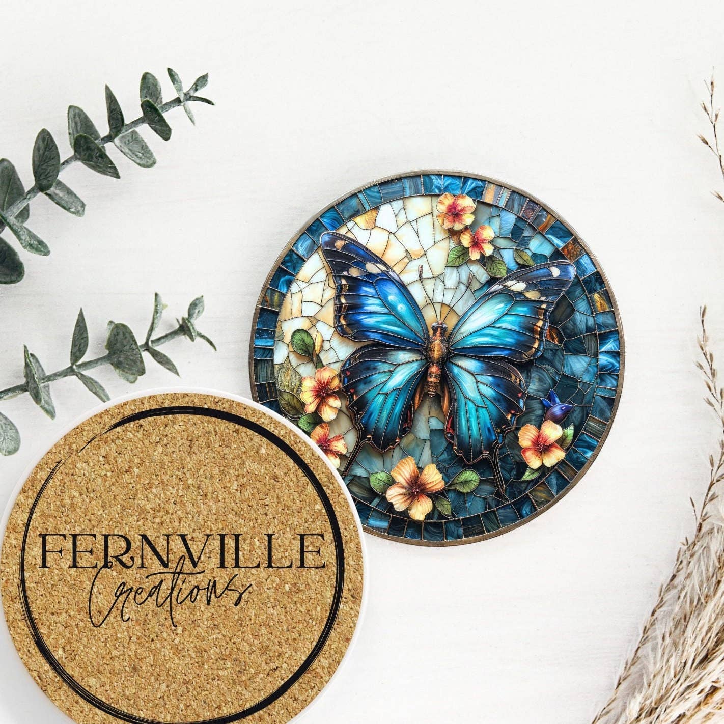 Butterfly Ceramic Coaster, Eco-Friendly Home Decor: 3.6 Inch Glossy