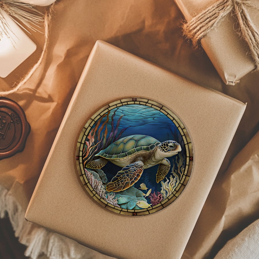 Sea Turtle Ceramic Coaster with Stained Glass Design: 3.6 Inch Glossy