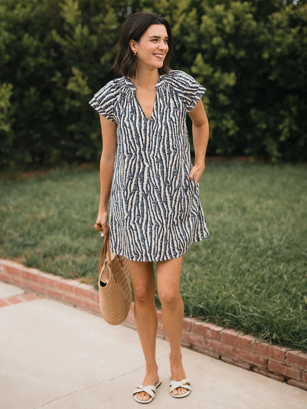 Linen Blend Double Flutter Popover Mini Dress
