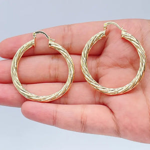 18k Gold Filled Hollow Italian Twist 5mm Thick Hoop Earrings, Gold Shiny Twisted