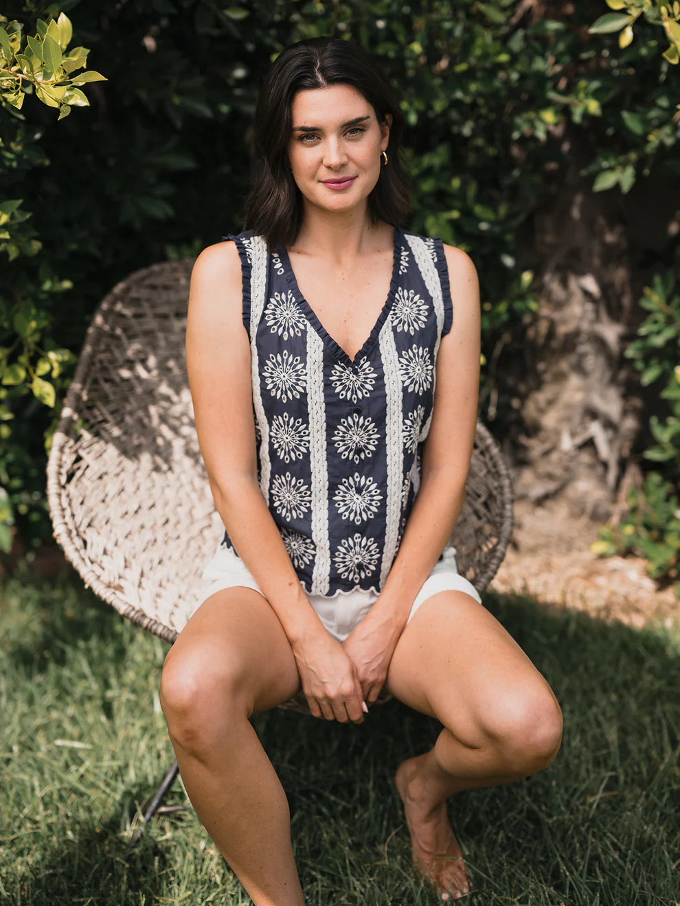 Embroidered Cotton Button Tank Top