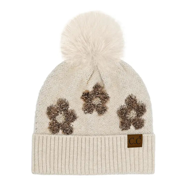 Daisy Patterned Cuff Beanie with Pom Pom