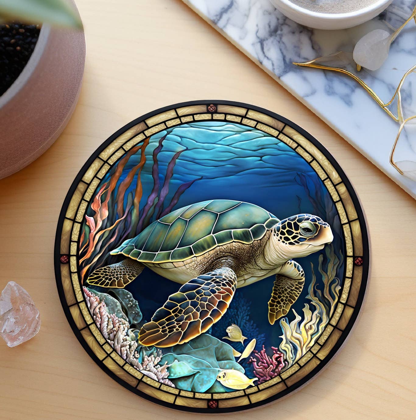 Sea Turtle Ceramic Coaster with Stained Glass Design: 3.6 Inch Glossy