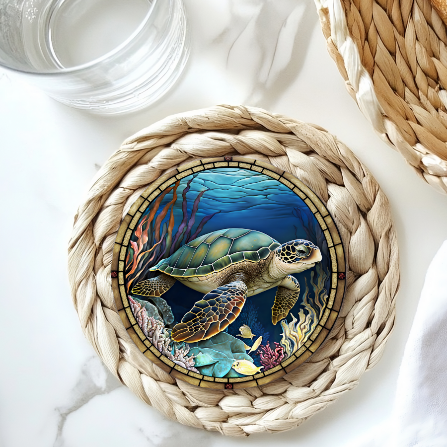 Sea Turtle Ceramic Coaster with Stained Glass Design: 3.6 Inch Glossy