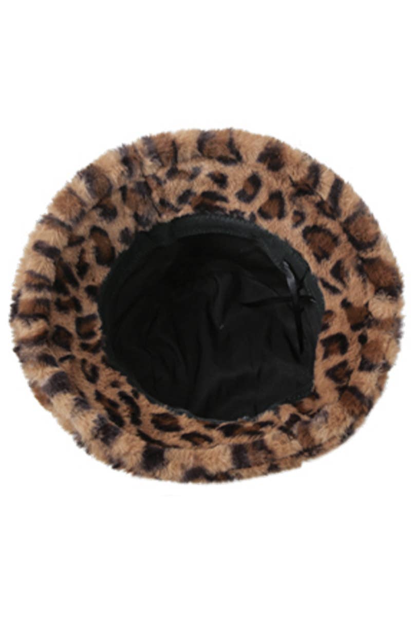 Leopard Print Fuzzy Faux Fur Fluffy Bucket Hat