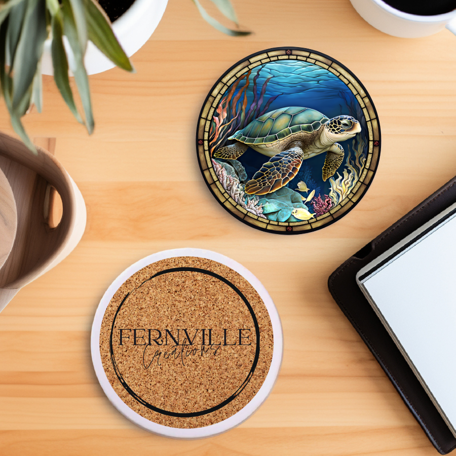 Sea Turtle Ceramic Coaster with Stained Glass Design: 3.6 Inch Glossy