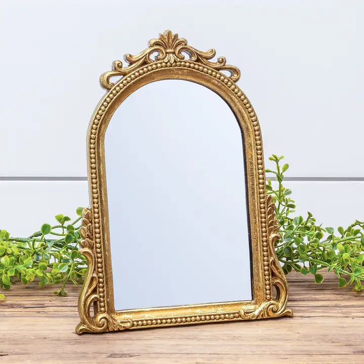 Arched Gold Leaf Tabletop Easel Back Mirror