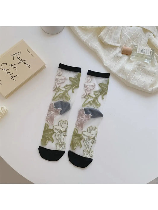 Rufia - Sheer Garden Flower Embroidered Crew Socks