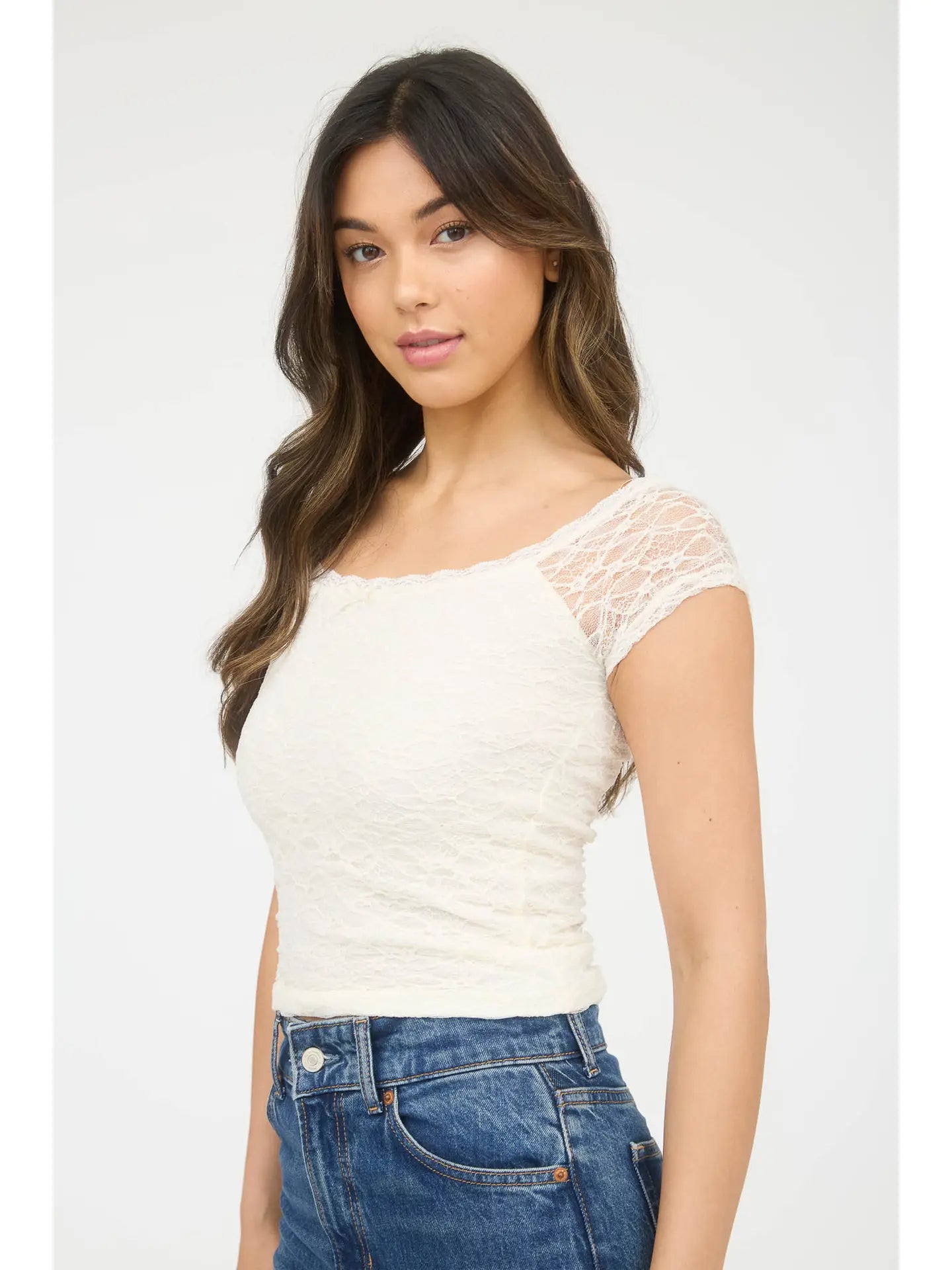 Lace Front Bow Detail Short Sleeve Knit Top
