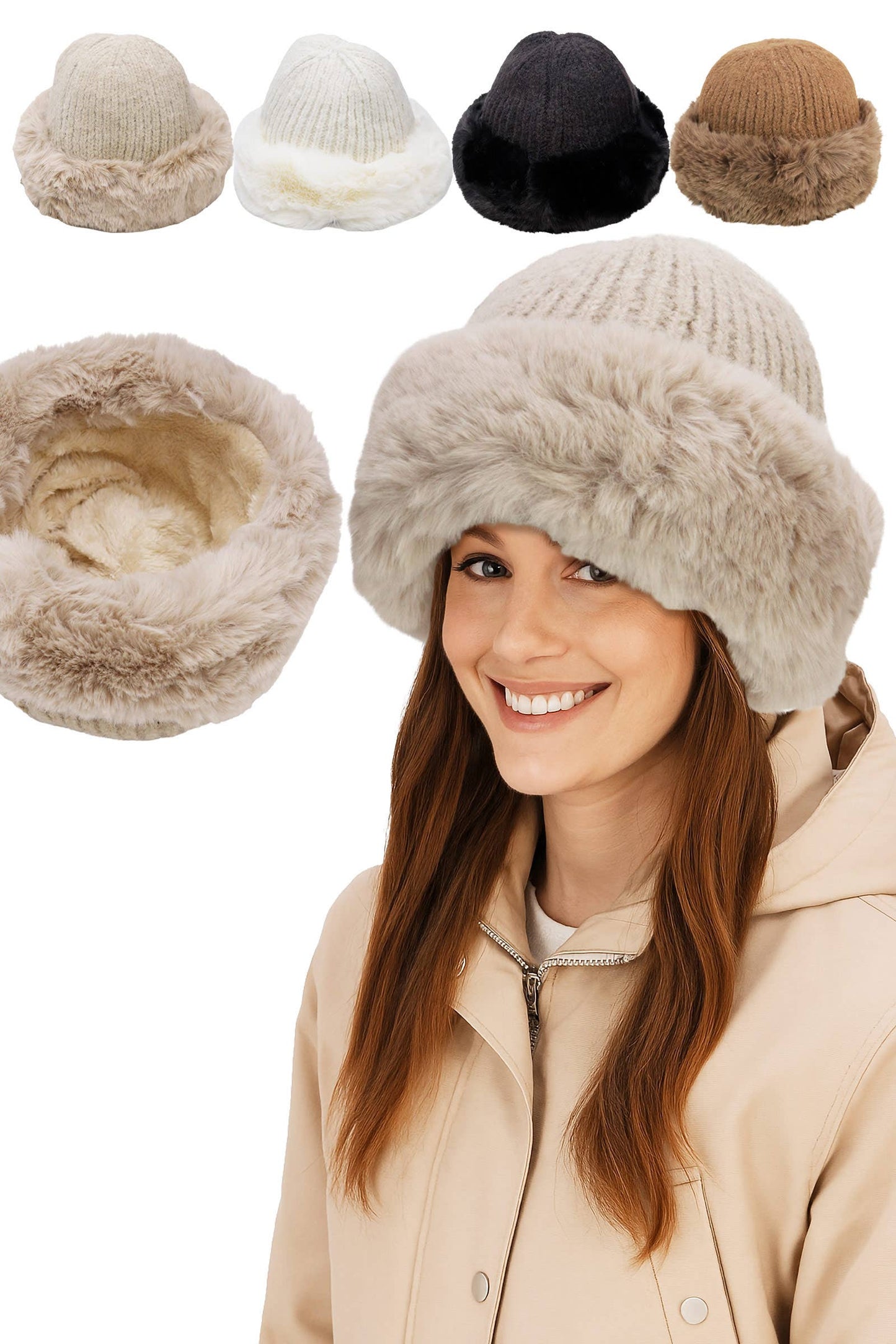 Chunky Knitted Fluffy Faux Fur Cuffed Beanie: ASSORTED / ONE SIZE