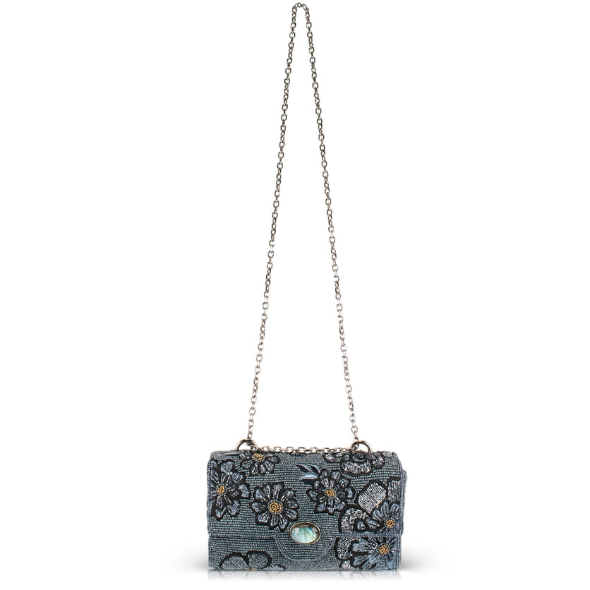 Azure Blue Beaded Flowers Crossbody Bag