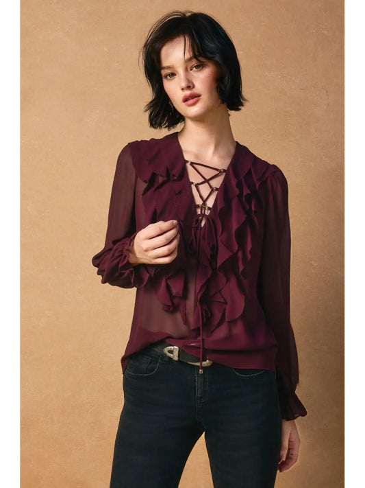 Chiffon Lace Up Ruffled Blouse (FT13129-CP531)