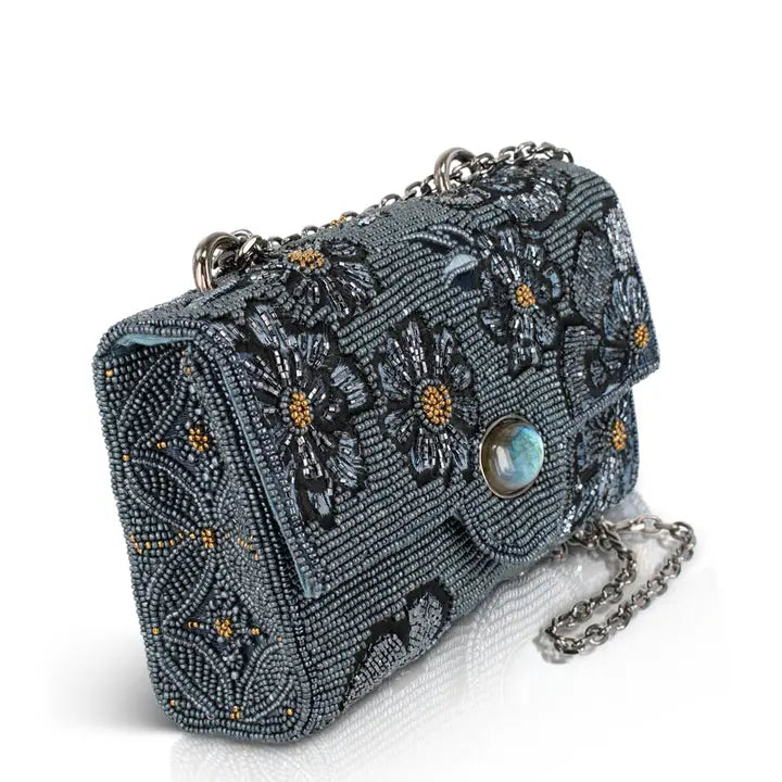 Azure Blue Beaded Flowers Crossbody Bag