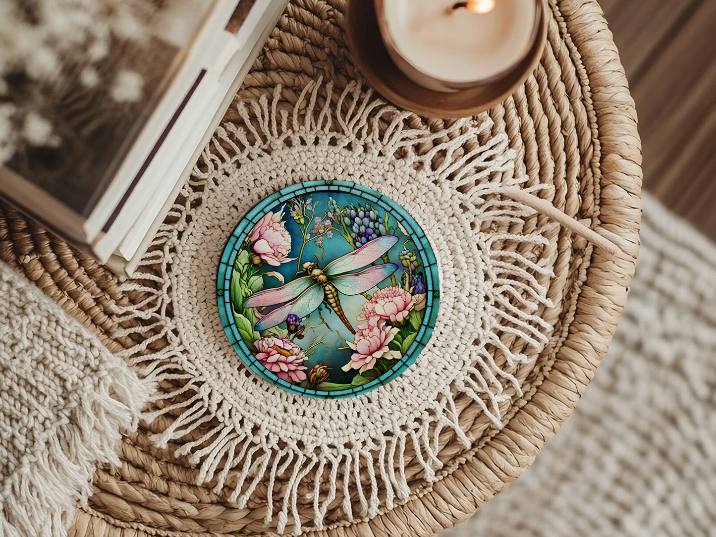 Dragonfly Coaster with Pink Flower for Coffee Table Decor: 3.6 Inch Glossy
