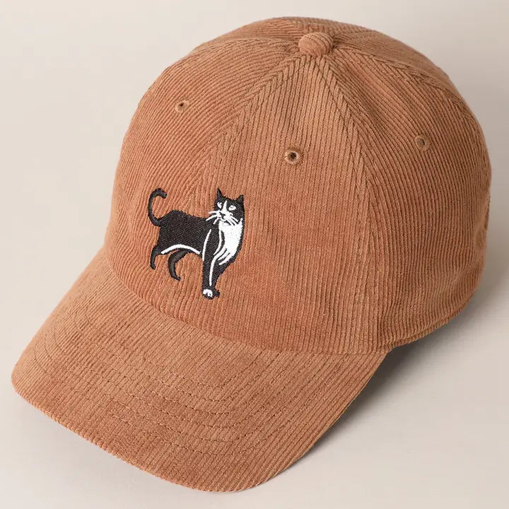 Tuxedo Cat Embroidery Corduroy Baseball Cap