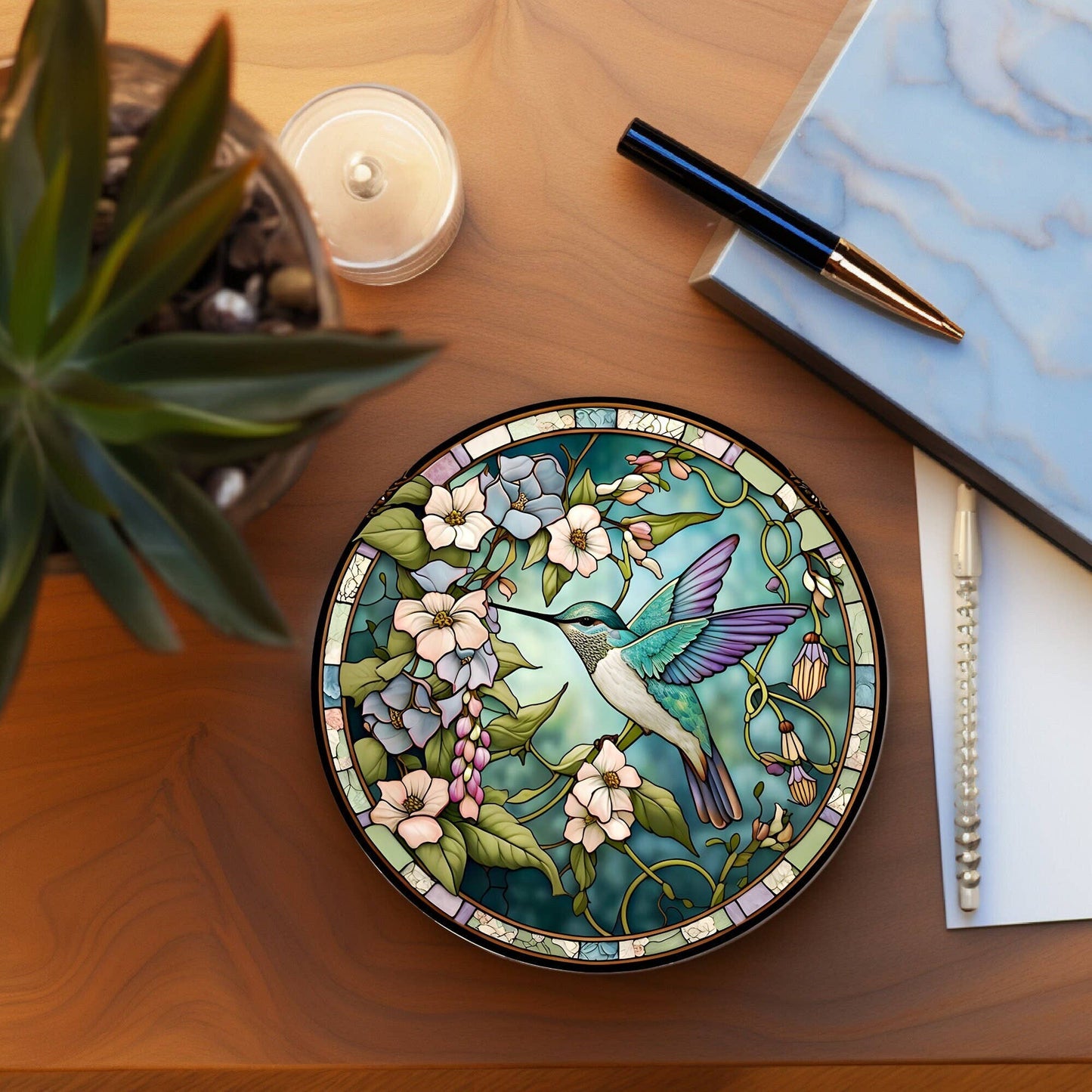Hummingbird Faux Stained Glass Ceramic Coaster Eco-Friendly: 3.6 Inch Glossy