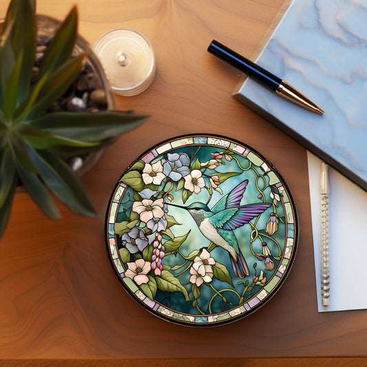 Hummingbird Faux Stained Glass Ceramic Coaster Eco-Friendly: 3.6 Inch Glossy