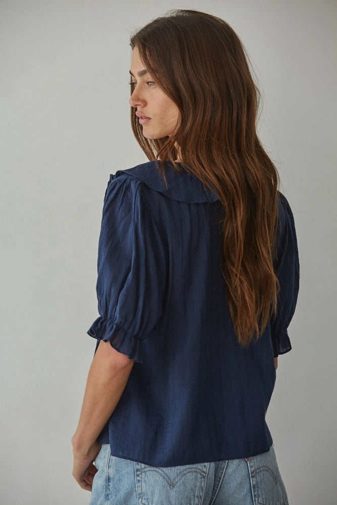 Katie Woven Cotton Button Down V-Neck Top