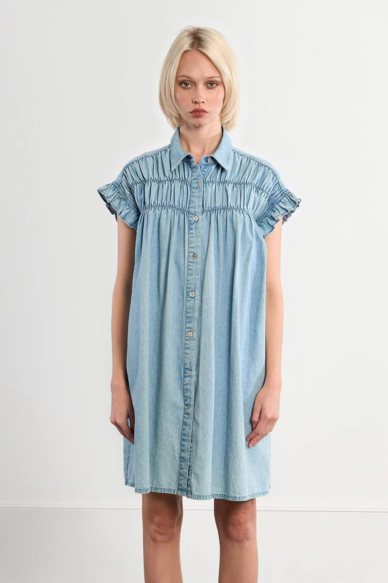 Cotton Smocked Dress With A Denim Effect ZPL115EE