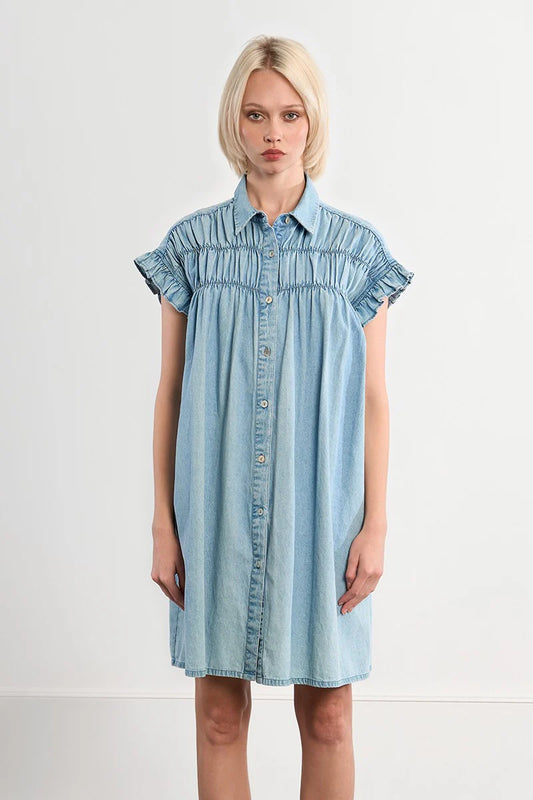 Cotton Smocked Dress With A Denim Effect ZPL115EE