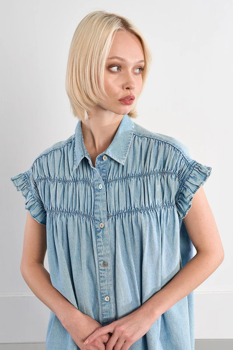 Cotton Smocked Dress With A Denim Effect ZPL115EE