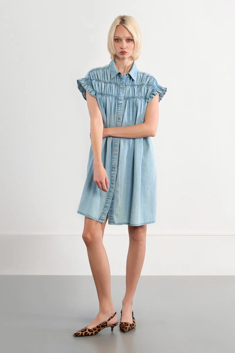 Cotton Smocked Dress With A Denim Effect ZPL115EE