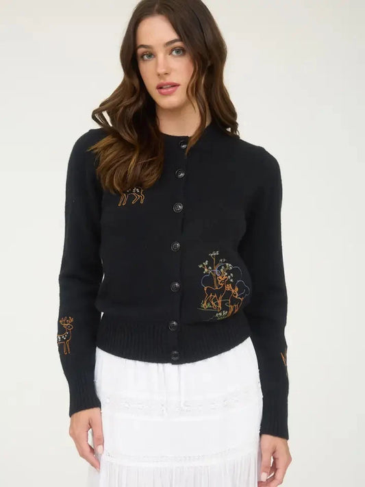 Animal Embroidery Detail Button Down Knit Cardigan