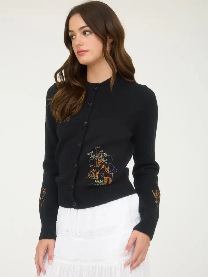 Animal Embroidery Detail Button Down Knit Cardigan