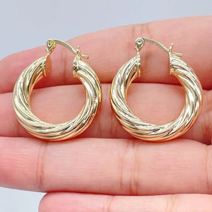 18k Gold Filled Hollow Italian Twist 5mm Thick Hoop Earrings, Gold Shiny Twisted