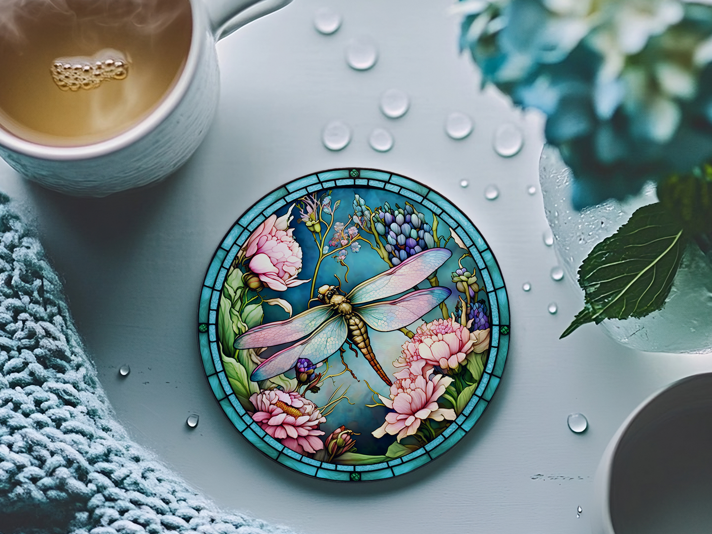 Dragonfly Coaster with Pink Flower for Coffee Table Decor: 3.6 Inch Glossy